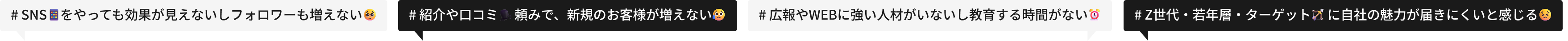 # SNS　をやっても効果が見えないしフォロワーも増えない # 紹介や口コミ 　頼みで、新規のお客様が増えない # 広報やWEBに強い人材がいないし教育する時間がない # Z世代・若年層・ターゲット　 に自社の魅力が届きにくいと感じる